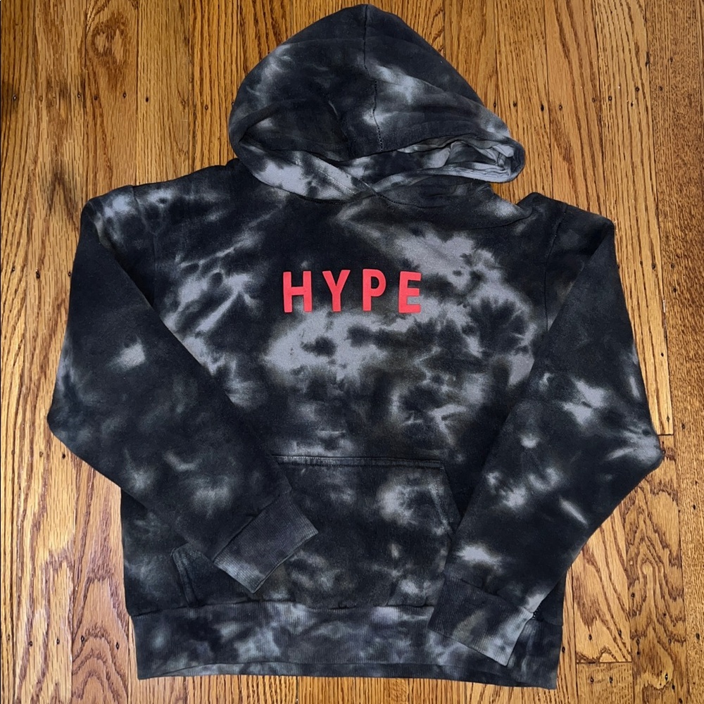 Size: 10-12 // Black and Gray Tie-Dye Hoodie with Red Logo